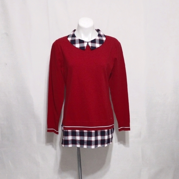 NWT Tommy Hilfiger Plaid Trim Red Sweater Large Varsity Prepcore Aesthetic - Picture 1 of 12